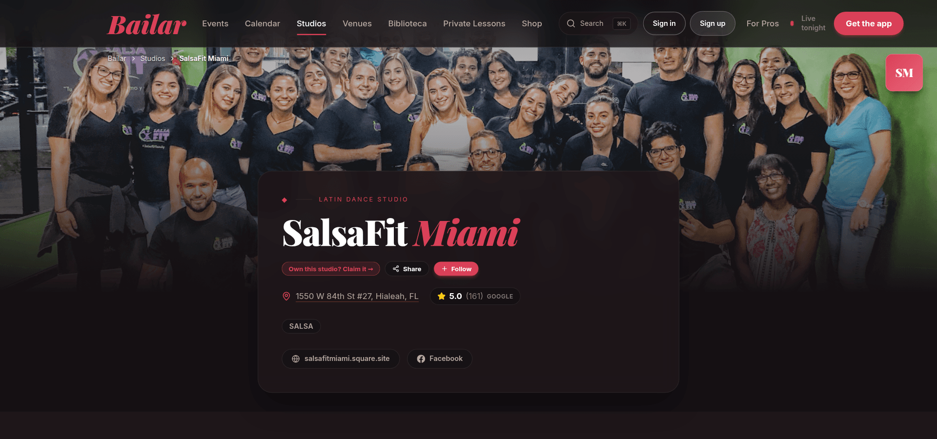 A real studio page on Bailar — photos, schedule, reviews, and upcoming events, as dancers see it